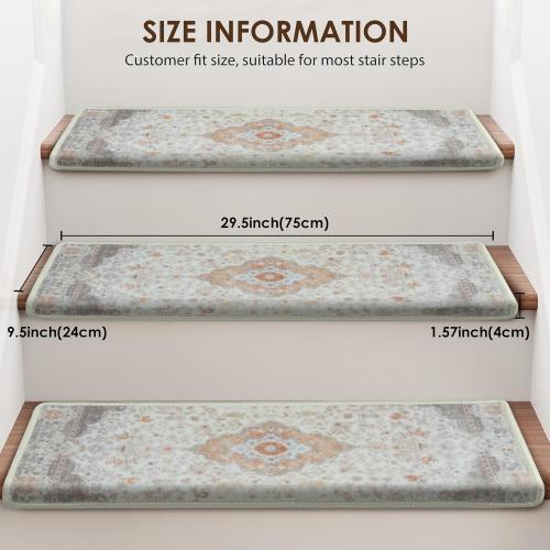 Brakki Bullnose Stair Treads for Wooden Steps, Non Slip Stair Carpet for Indoor Runner and Pets, Soft Edging Staircase Protectors Reusable, Washable, 29.5x9.5x1.5 14pcs, Beige and Grey
