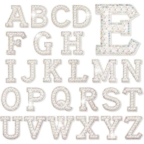 Chuangdi 26 Pcs Pearl Letters Rhinestone Patches Iron on A to Z White Adhesive Pearl Bling Patch Glitter Sew on Alphabet Applique Bling English Letter for Clothes Fabric DIY(1.85 Inch,White)