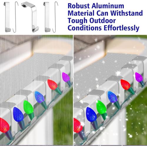 Shimeyao 100 Pcs Christmas Gutter Guard Light Clips Metal Gutters Hooks Stainless Steel Christmas Gutter Clips Outdoor Weatherproof Aluminum String Light Hangers for Xmas Outside Holiday Decoration