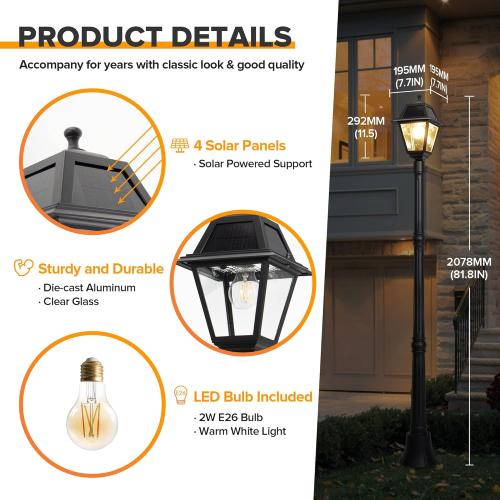 LUTEC LED Post Solar Light, Dusk to Dawn Vintage Solar Light Street Lights for Garden, Lawn, Pathway, Driveway 200 Lumens 2700K