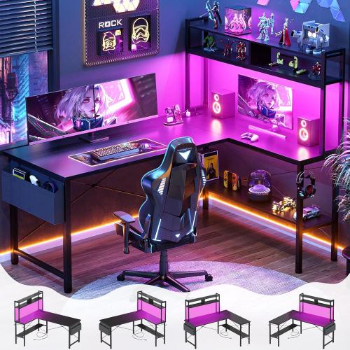 Aheaplus L Shaped Desk Gaming Desk, 59 L Shaped Computer Desk with LED Light & Power Outlet, Reversible Home Office Desk Gamer Desks with Shelves & Storage Bag & Hooks, Corner PC Desk, Black