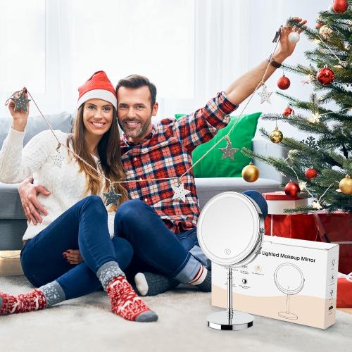 Lighted Makeup Mirror, 3000 mAh Rechargeable Double Sided Magnifying Vanity Mirror with 3 Colors, 1x/10x, 360° Rotation , Brightness Adjustable Magnification Cosmetic Light up Mirror, Women Gift