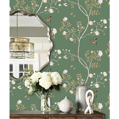Hopepak Floral Wallpaper Peel and Stick Green Branch Bird Wallpaper for Bedroom Self Adhesive Removable Wall Paper Floral Contact Paper Cute Wallpapers for Bathroom Decor 16.1''x78.7''