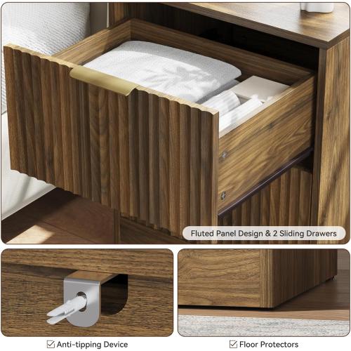 Set of 2 Walnut Nightstand with 2 Storage Drawers, Modern Fluted Night Stand Bedside Table, Bed Side End Table with Golden Handles for Bedroom, Walnut