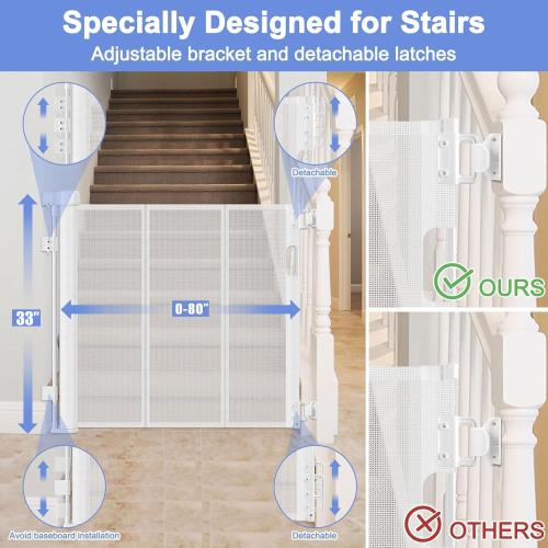 Reinforced Bottom Retractable Child Gate for Stairs Prevents Bottom Drilling Through Baby and Dog 80 Inch Extra Wide Retractable Toddler Gates for Stairs Mesh Baby Gate Retractable Gate for Dogs