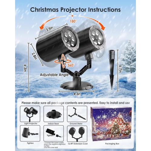 Christmas Projector Lights Outdoor, Snowflake Projector Lights Double Head Waterproof, LED Snowfall for Indoor Outdoor Rotating Christmas Decoration for Wedding Yard Holiday Used