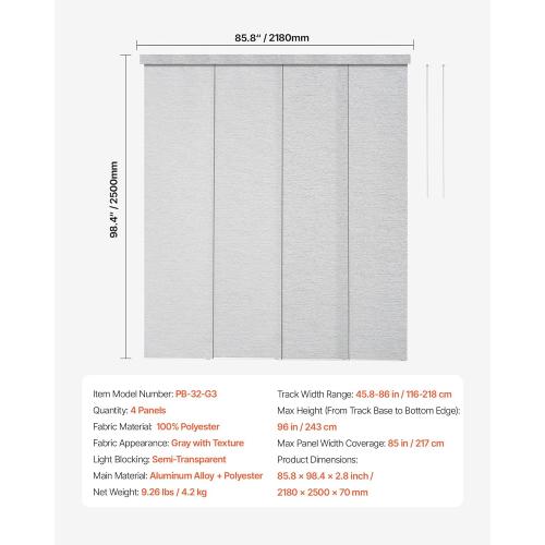 VEVOR Panel Track Blinds, Extendable Track from 45.8 in to 86 in W, Trimmable Panel Curtains Up to 96 in H, Adjustable Vertical Panel Blinds for Sliding Doors, Patio Doors, Room Divider, Window, Gray