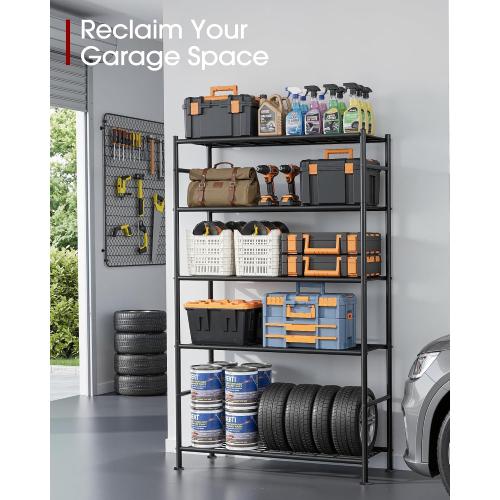 Sakugi Storage Shelves - 5 Tier Shelf Organizer, Heavy Duty Garage Shelving Unit with Leveling Feet, Stable Metal Shelves Organizer for Pantry, Kitchen and Closet, 33.0 W x 12.6 D x 72.0 H, Black