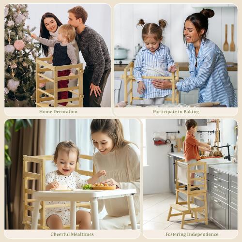 Amazer Bamboo Toddler Step Stool, Anti-Tip Toddler Kitchen Stool Helper with Push-Pull Safety Rail, Non-Slip Kids Step Stool with Safety Net, Kids Standing Tower for Bathroom Sink and Kitchen Counter