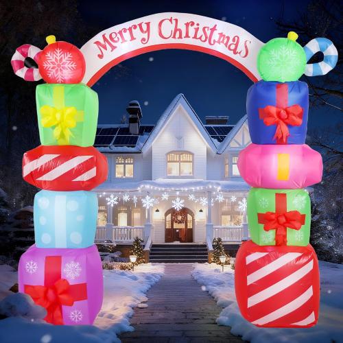 9FT Christmas Inflatables Decorations, Outdoor Gift Boxes Arch Giant Blow Up with Built-in LED Lights for Yard Garden Lawn Holiday Decor
