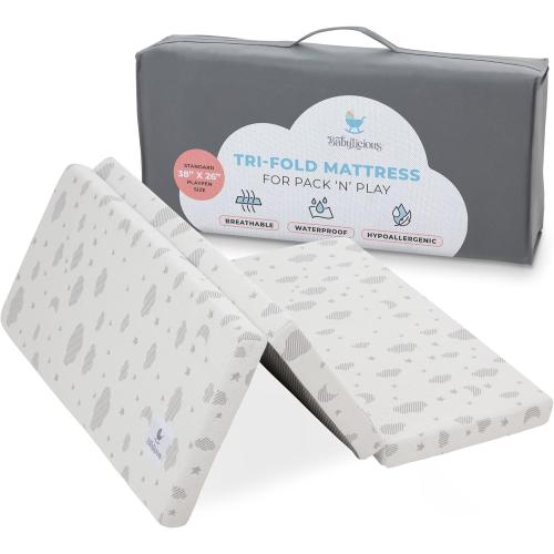 Babylicious Waterproof Pack and Play Mattress Topper | 38 x 26 x 1.5 | Trifold Style - Breathable Soft Plush Foam - Portable Mattress Topper- Baby Foam Mattresses for Babies