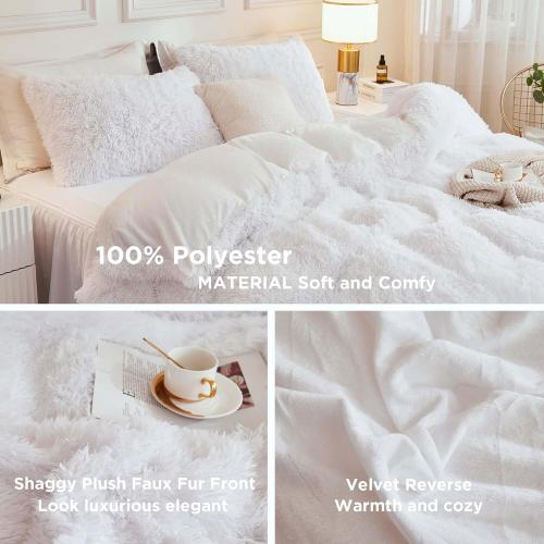 Andency Faux Fur White Comforter King Size, 3 Pieces Fluffy Fuzzy Plush Bedding Comforter Set (1 Shaggy Velvet Comforter & 2 Pillowcases), Soft Puffy Comfy Down Alternative Comforter Bedding Set