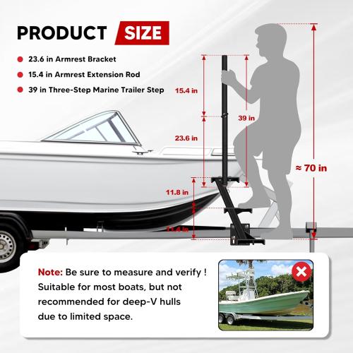 Heavy-Duty Boat Trailer Steps (3 Steps) with Handle Fits 3'' and 3.5'' Tall Trailer Tongues, Max 500lbs Capacity, Fit for Most Bass Boats, Pontoon Boats, Hunting Boats, Universal Fit
