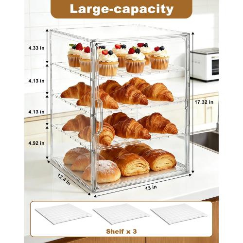 Large Pastry Display Case, 4-Layer Adjustable Corner Bread Box for Kitchen Countertop, 17.32x13x12.4inch Bread Storage Container with Magnetic Door(17.32x13x12.4inch)
