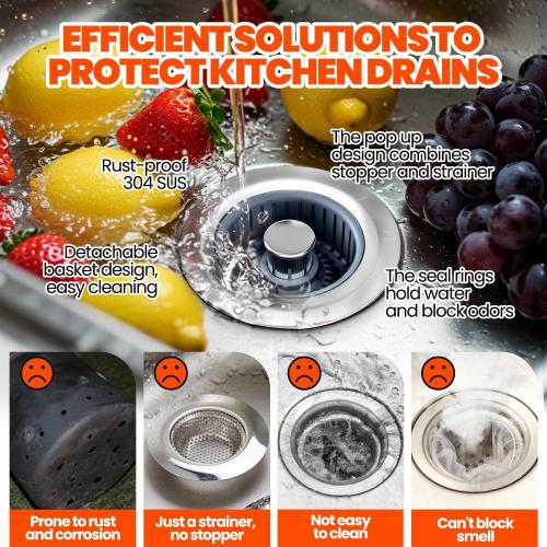 Sink Drain Strainer - Sink Stopper, 3-in-1 Kitchen Stainless Steel Drain Plug with Anti-Clog Basket, Pop-Up Cover Fits Standard 3-1/2” Openings for Double Bowl Kitchen Sinks