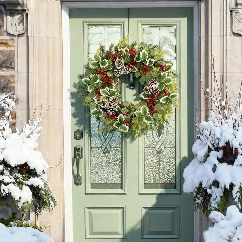 22 Inch Pre-lit Christmas Wreath for Front Door, Artificial Outdoor Christmas Wreath with 50 LED Lights, Real Pine Cones Red Berries Winter Xmas Wreaths for Indoor Porch Party Decorations