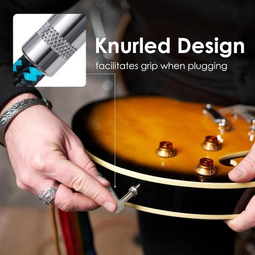 Guitar Cable 20ft Right Angle Guitar Amp Cord 1/4 Inch Instrument Cable with Braided Tweed and Anti-Kinking Design for Guitar Bass Amp, Black & Blue