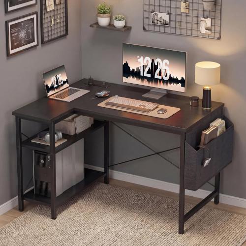 TIQLAB Gaming Desk with Power Outlets - 40 inch L Shaped Computer Desk, Reversible Design Small Corner Desk, Bookshelf Workstation for Work Study Play Home Office, Black