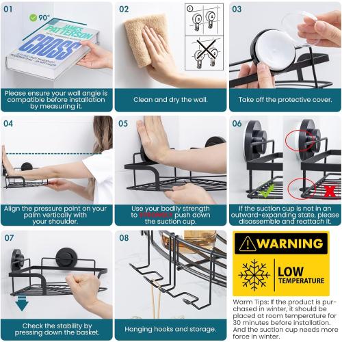 TAILI Powerful Suction Cup Corner Shower Caddy 2 Pack, Stainless Steel Rustproof Shower Shelf with Hook, Drill-free Wall Mounted Basket, Large Capacity Removable Suction Cup Bathroom Organizer, Black