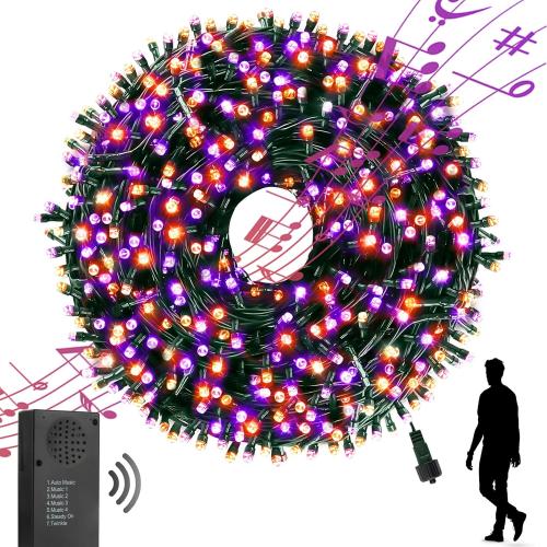 Battery Operated Halloween Lights with Motion Sensor Spooky Music or Battery Powered Orange & Purple 2 Colors in 1 Waterproof 33ft 100LED Halloween Indoor Outdoor Decor