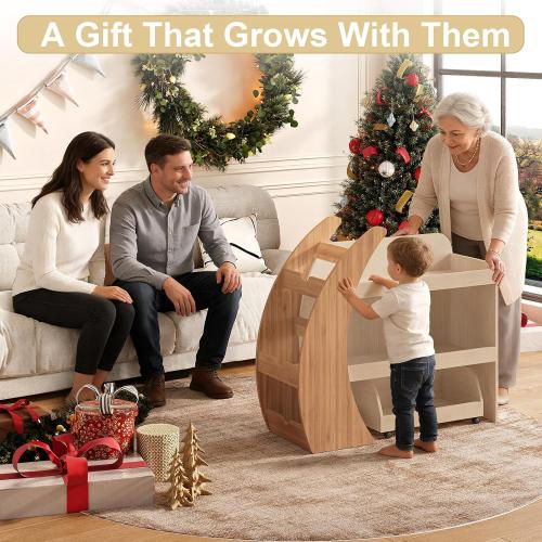 Kids Bookshelf with Toy Storage and Movable Drawer, Wooden Montessori Bookcase Organizer for Toddlers and Children