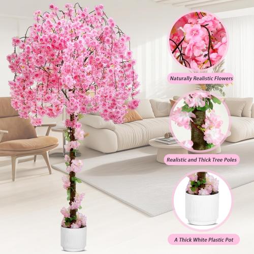 Artificial Cherry Blossom Tree, 6FT Height with 100 LED Lights, Faux Silk Plant in Pot for Home, Office, Wedding, Garden, Party, and Hotel Decorations (Pink, 6FT)