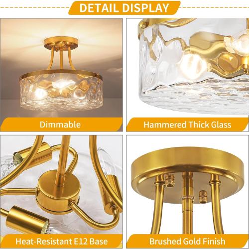 Brushed Gold Semi Flush Mount Ceiling Light Hammered Glass Light Fixture