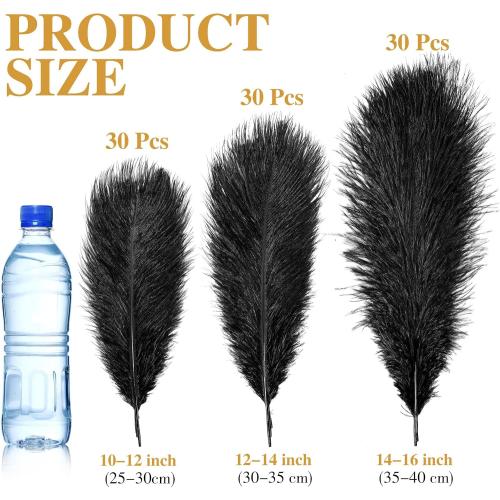 Maitys 90 Pcs Large Natural Ostrich Feathers Bulk 14-16 Inch (35-40cm) 12-14 Inch (30-35cm) 10-12 Inch (25-30cm) Ostrich Feathers Plumes for Centerpieces Wedding(Black)