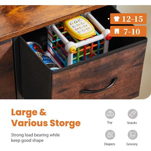Sweetcrispy Dresser for Bedroom with 9 Storage Drawers, Large Fabric Storage Tower Organizer, Chest of Drawers with Metal Frame Wooden Top for Closet, Living Room, Entryway, Brown