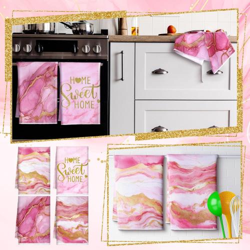 Geyoga 4 Pcs Marble Kitchen Dish Towels Pink and Gold Bathroom Hand Towels Absorbent Marble Tea Washcloths for Winter Spring Bathroom Decor Kitchen Accessories Gifts