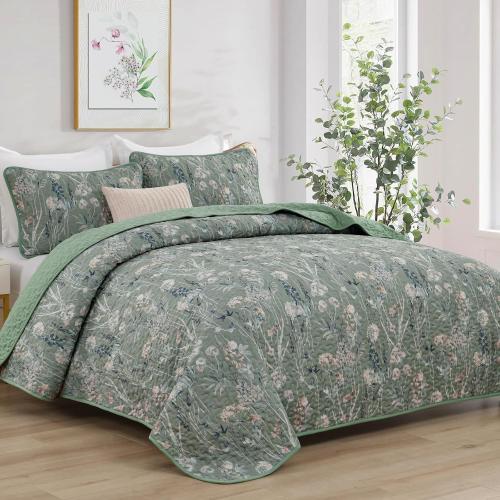 Goodidea Quilts King Size Bedding Set, Sage Green Bedspreads King Size 3 Piece Lightweight Soft Microfiber Reversible Coverlet Floral Quilt Set with Pillow Shams for All Season (King, 104X90)
