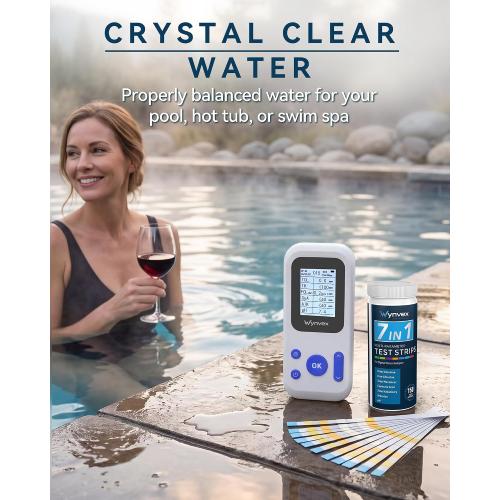 Digital Pool Water Test Kit with Digital Reader, Wynvex 7-in-1 Water Testing for Chlorine, Bromine, pH, Alkalinity & More, Includes 150 Test Strips for Pools