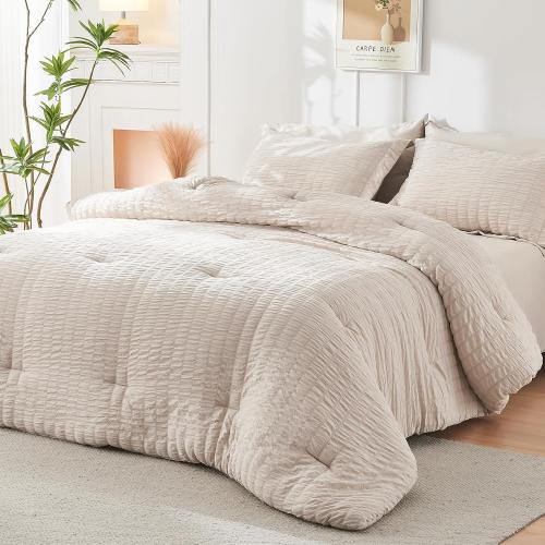 HYMOKEGE Beige Queen Comforter Set Seersucker 7 Pieces, All Season Luxury Bed in a Bag for Bedroom, Bedding Set with Comforters, Sheets, Pillowcases & Shams