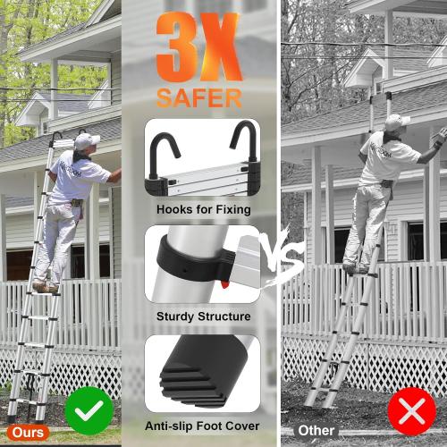 Silver 12.5ft Telescoping Ladder, LUISLADDERS Aluminum Telescopic Extension Ladder One-Button Retraction with Hooks EN131 330lbs Max Capacity, Multi Purpose Collapsible Ladder for RV or Outdoor Work