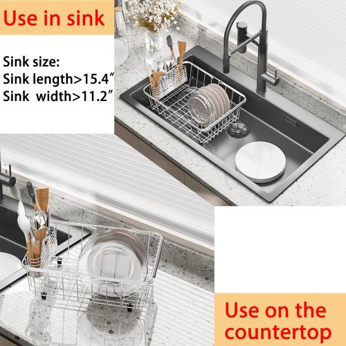 NiuYichee Stainless Steel Dish Drying Rack(15L X 11W X 4.1H), Expandable Fruit & Vegetable Drain Rack over Sink, Dish Drainer Rack in Sink, with Stainless Steel Utensil Holder & Silicone Mat(16)