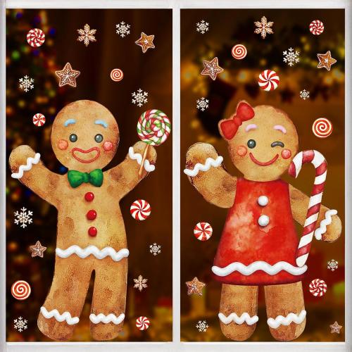 Ivenf Christmas Window Clings Decorations: 2 Sheets Extra Large Gingerbread Man Couple Window Stickers, Cute Gingerbread Peppermint Candy Canes Snowflake Decals for Home Office Holiday Party Décor