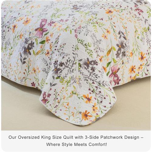 Lady Ann Oversized Cal King Bedspreads for Extra Bed 120x120, Wild Floral Printed Quilt Set 100% Cotton Flower Botanical Pattern Bedding, Vintage Coverlet with Pillow Shams for All Season, 3 PCS