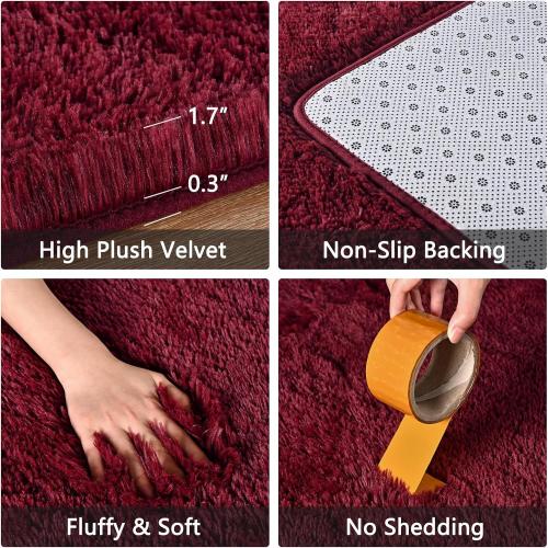 Fluffy Burgundy Red Rugs for Bedroom, Dark Red Area Rug for Living Room, Soft Shaggy Plush Cute Floor Carpet for Boys Kids Girls Bedroom, Non Slip and Washable Carpets for Home Decor