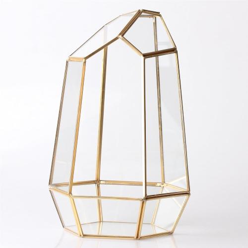 NCYP Geometric Glass Terrarium - Irregular Brass Planter Pot for Succulent Air Plants - Home Fairy Garden Decor - 6.5x5.7x9.8 Inches, Gold (No Plants, NO Door)