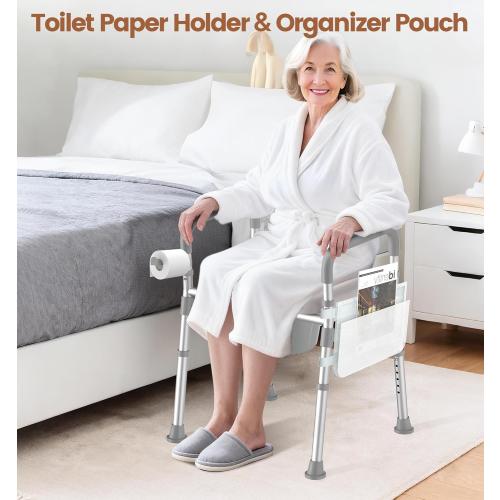 SOUNDFUSE Bedside Commode Chair with Padded Seat and Backrest, Aluminum Dual-Crossbar, Height Adjustable, Portable Toilet for Seniors and Adults, Potty Bucket and Splash Guard, 350 lbs Weight Capacity