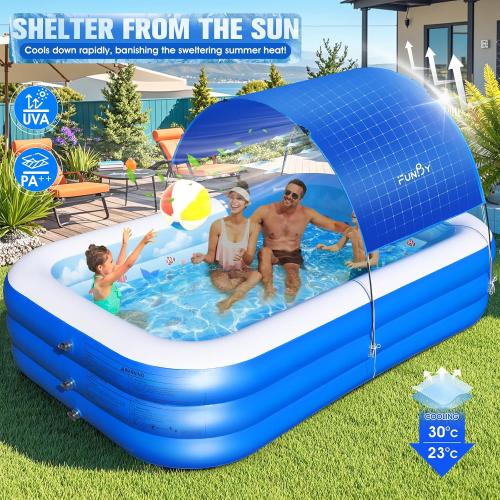 Color Blue Inflatable Pool with Canopy,Upgraded Inflatable Swimming Pool for Kids,Adult,Large Inflatable Blow up Pools,Ocean Theme Oversized Thickened Inflatable Family Pools for Backyard-Blue