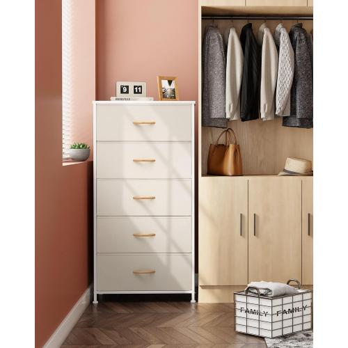 Crestlive Products Vertical Dresser Storage Tower - Sturdy Steel Frame, Wood Top, Easy Pull Fabric Bins - Wide Organizer Unit for Bedroom, Hallway, Entryway, Closets - 5 Drawers(Beige)