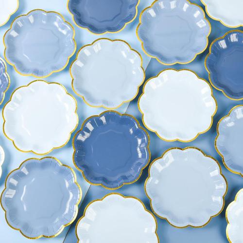 24 Pcs Dusty Blue Scalloped Paper Dessert Plates, 7 Inch, Gradient Blue | Gold Foil Edge, Disposable Party Plates, Snack Cake Plate for Birthday Bridal Baby Shower Wedding Xmas Party Supplies