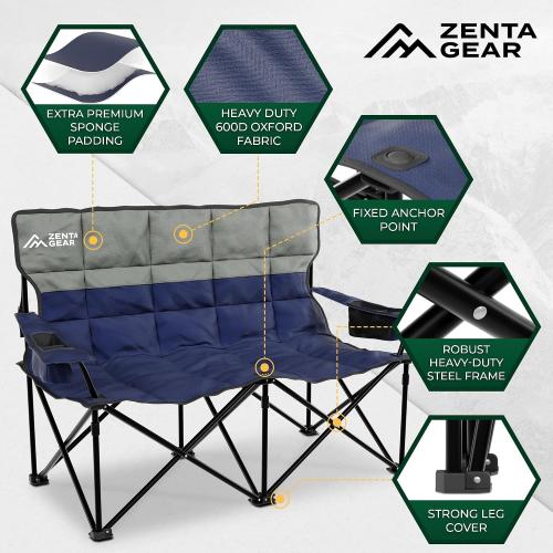 Oversized Fully Padded Double Camping Chair, Portable Folding Loveseat w/Side & Back Pockets, Adjustable Armrests, Double-Sized Cup Holders for Outdoor, Indoor, Supports 530LBS (Dark Navy)