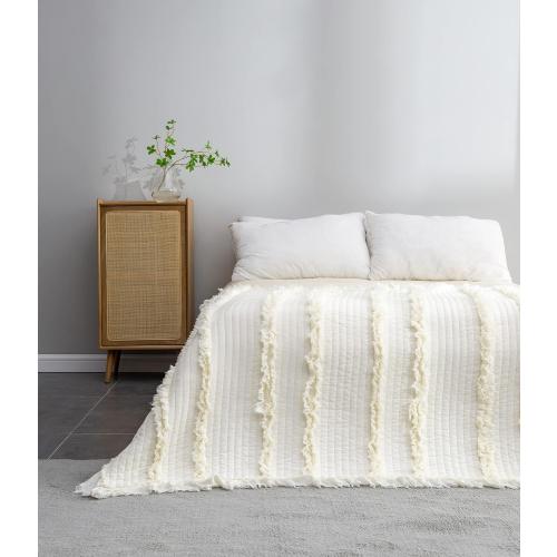 Ultra Soft Pre-Washed Quilted Boho Cream Queen Size Blankets for Bed, Ruffle Fringed Decorative Throw, Stone Washed Chic Rustic Blanket for Sofa Couch Bed, 90*90