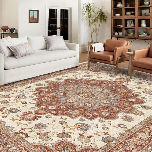 Washable Oriental Area Rug - Rugs for Living Room Soft Carpet for Bedroom Waterproof Floral Distressed Indoor Stain Resistant Non-Shedding Floor Carpets (orange ?)