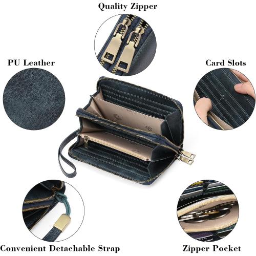 GAEKEAO Wallet for Women Clutch RFID Blocking Wristlet Leather Purse Large Capacity Credit Card Holder with Grip Hand Strap