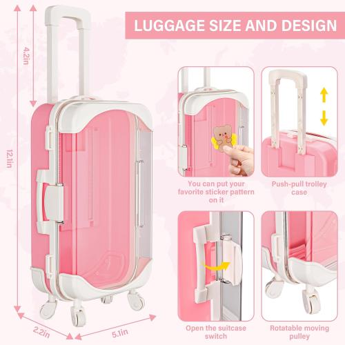 Doll Suitcase Travel Sets, 18 inch Doll Clothes and Accessories - 28 Pcs Travel Pillow, Unicorn Bag, Sunglasses, Camera, Computer, Phone, Passport, Birthday Gifts for Age 3 4 5 6 7 Year Old Girls