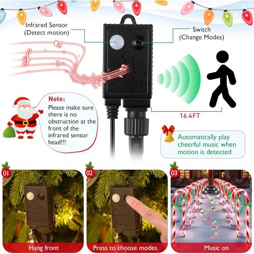 Hiboom 12 Pcs Christmas Candy Cane Light with 4 Christmas Theme Music, 20'' Pathway Markers Lights with Stakes Holiday Driveway Light for Xmas Holiday Party Walkway Garden Decor(Red, White)