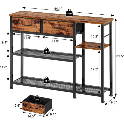 Furnulem 44'' Entryway Table, Industrial Console Sofa Table with Metal Mesh Storage Shelves, Shoe Rack Display Shelf for Front Door, Couch, Kitchen, Fabric Drawers, Rustic Brown